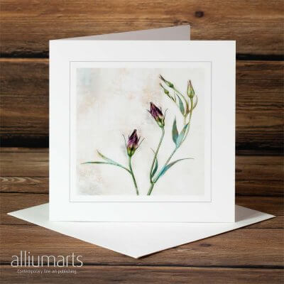Bowing Lisianthus by Allium Arts shows a bunch of lisianthus flowers edited to appear like antique flower illustrations, presented presented on a subtle textured background.